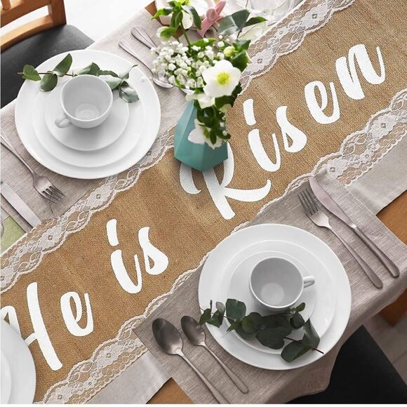 Easter Burlap and Lace Table Runner NWT - Picture 2 of 12